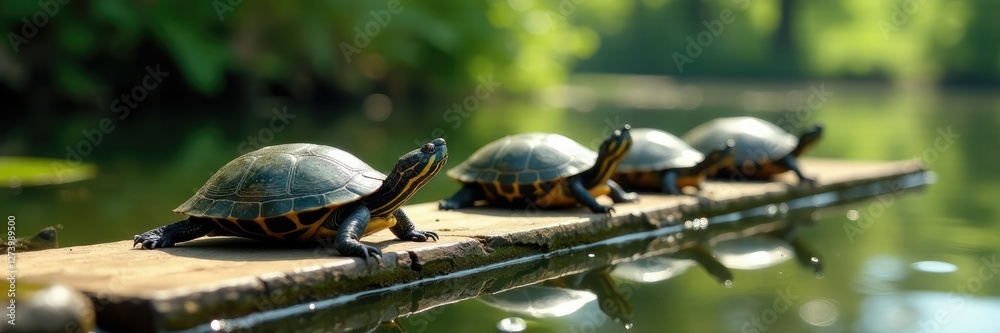 Slowly sunbathing turtles on wooden planks in pond water, serenity, calm, still life Slowly sunbathing turtles on wooden planks in pond water, serenity, calm, still life