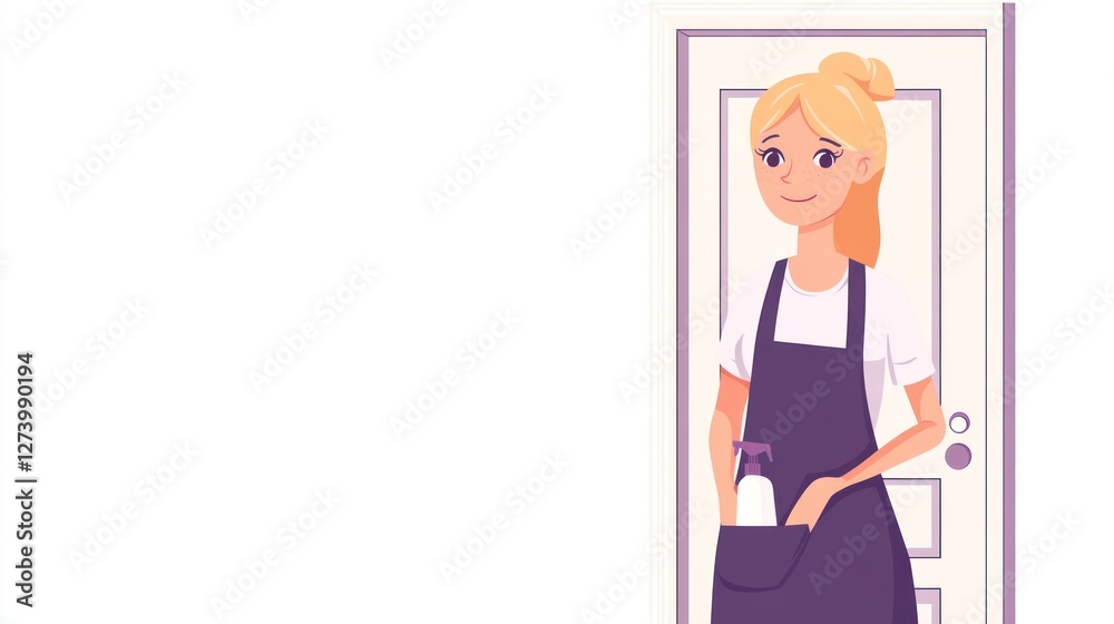 Woman in apron at doorway, ready for cleaning service Woman in apron at doorway, ready for cleaning service