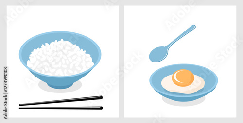 Rice bowl with chopsticks, spoon, dish and egg icon sign isolated on white background vector.