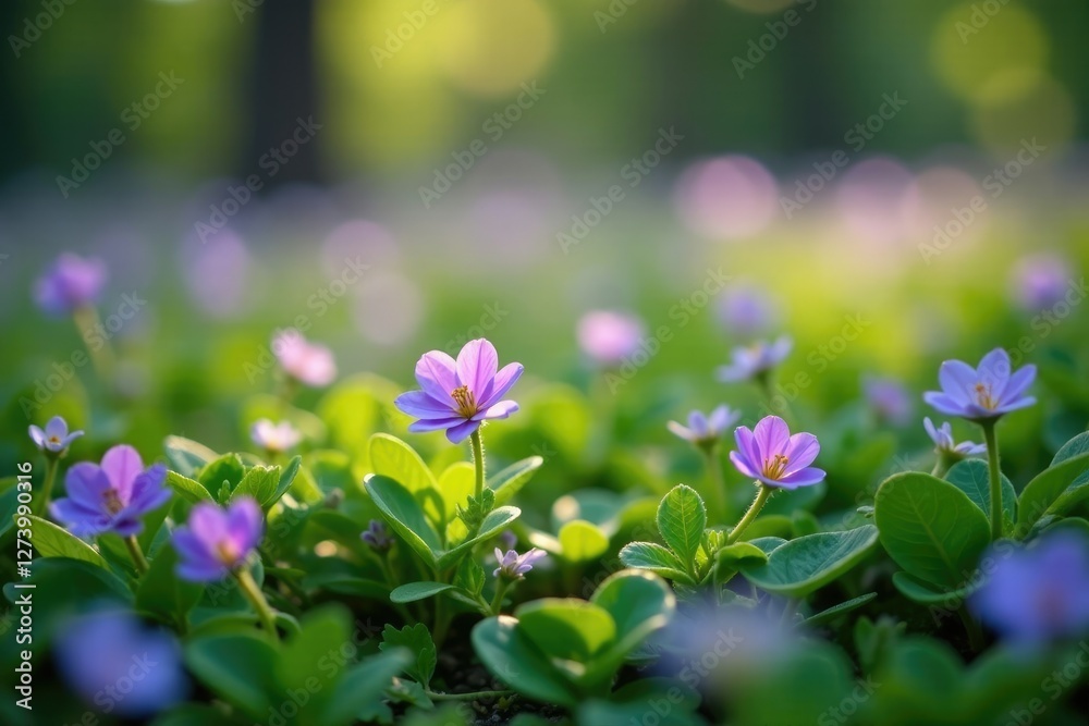 Soft focus captures a field of tiny wild forest periwinkle flowers, periwinkle, nature, foliage Soft focus captures a field of tiny wild forest periwinkle flowers, periwinkle, nature, foliage