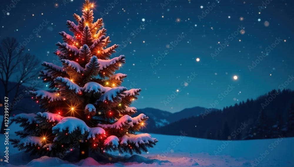 The branches of a fir tree are wrapped in colorful fairy lights under a clear starry sky, , holiday cheer, winter night The branches of a fir tree are wrapped in colorful fairy lights under a clear starry sky, , holiday cheer, winter night
