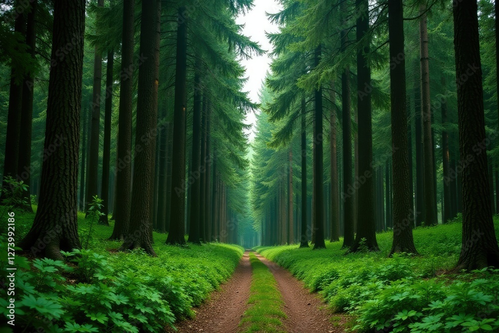 Obraz premium Towering pine trees create a majestic green wall along a winding forest path, nature, wilderness, scenery