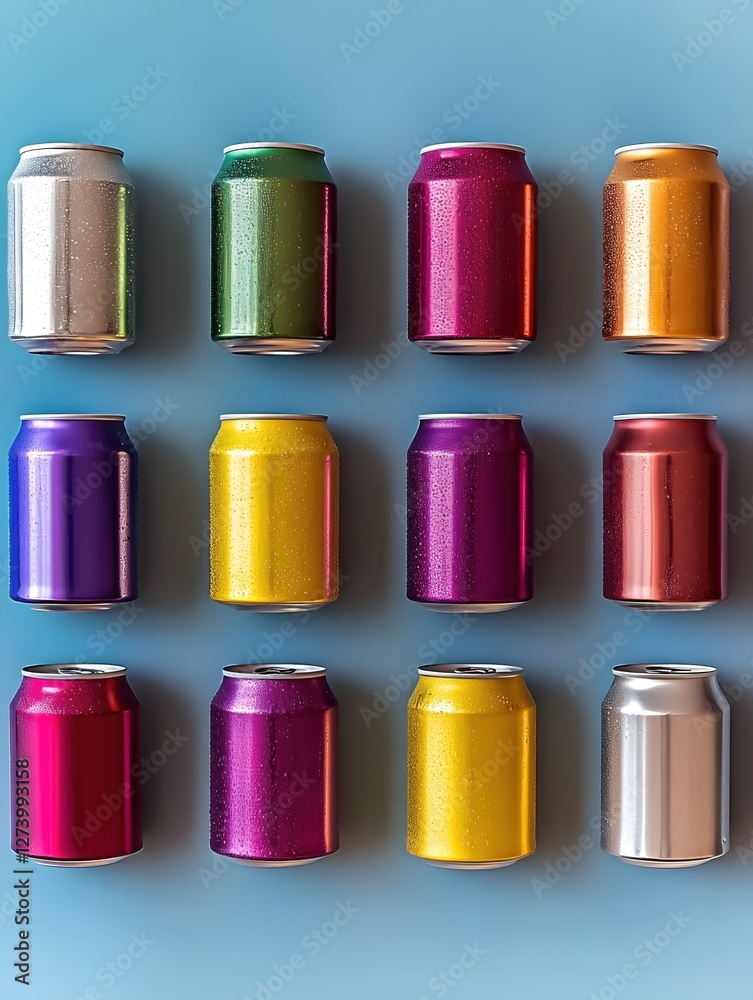 Assorted Vibrant Aluminum Cans Displayed on a Blue Surface with Condensation Drops Pattern Assorted Vibrant Aluminum Cans Displayed on a Blue Surface with Condensation Drops Pattern
