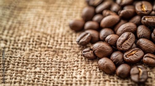 Coffee beans on burlap fabric close-up