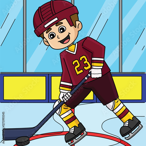 Ice Hockey Boy Player Dribbling Colored Cartoon 