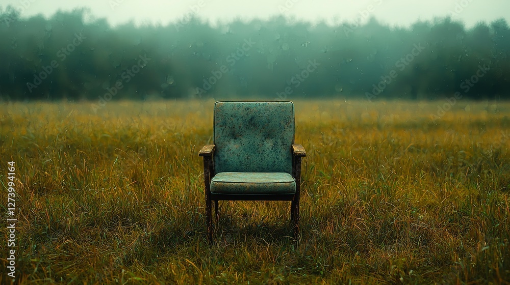 Fototapeta premium Lonely chair surrounded by tall grass misty forest background outdoor scene tranquil atmosphere