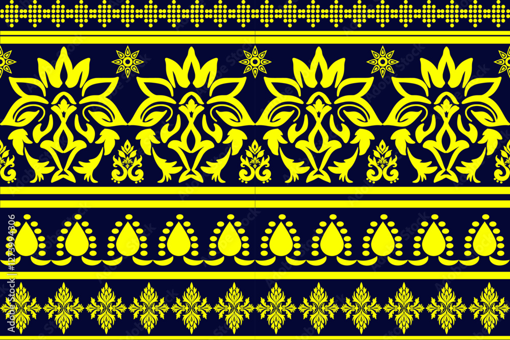 Fototapeta premium Aztec tribal geometric vector background Seamless stripe pattern. yellow hue against a deep navy background Traditional ornament ethnic style. Design for textile, fabric, clothing, curtain, rug, ornam