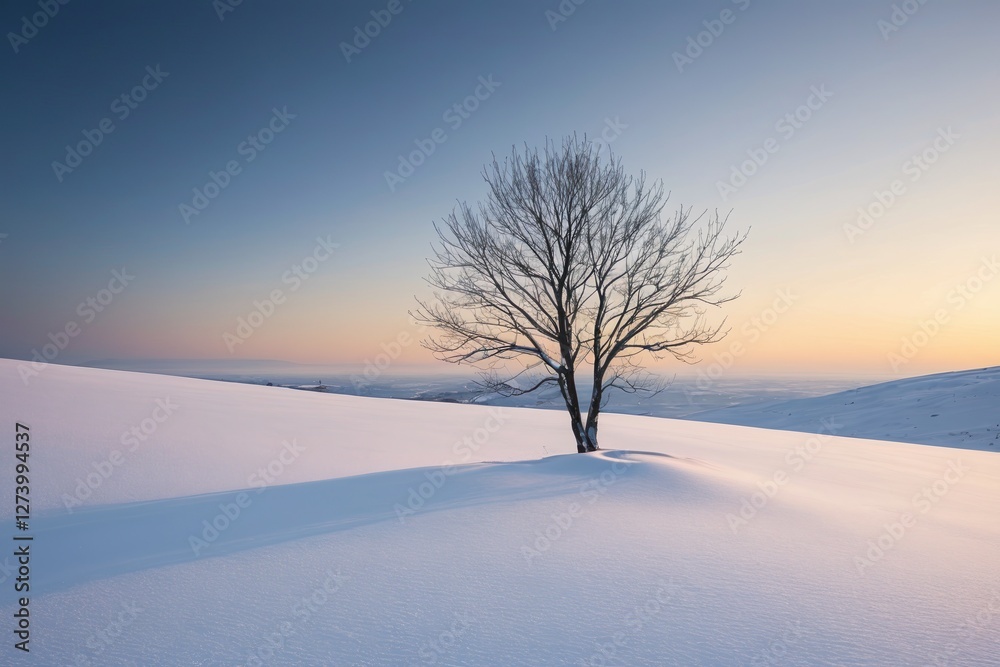 arafed tree in a snowy field with a mountain in the background