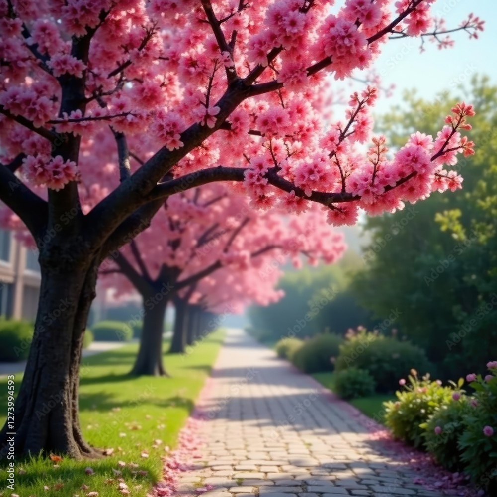 Delicate pink petals unfold along the tree's branches, bloom, cobblestone pathway, flowers Delicate pink petals unfold along the tree's branches, bloom, cobblestone pathway, flowers