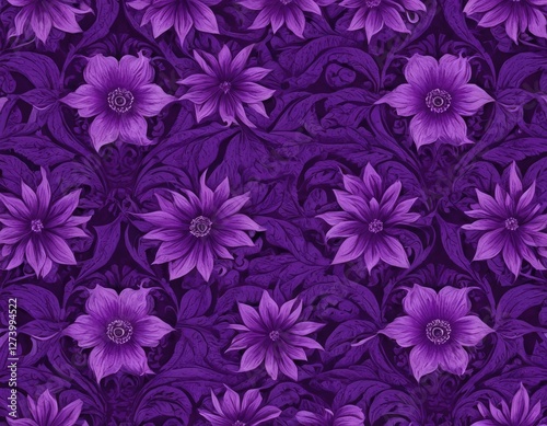 Floral Symphony: An elegant, seamless pattern of vibrant purple flowers and intricate foliage, evokes a sense of luxury and sophistication. Perfect for textile design, wallpaper, or digital art.