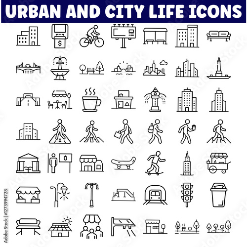 Urban City Life Icons Buildings, Transportation, People, Parks, Activities