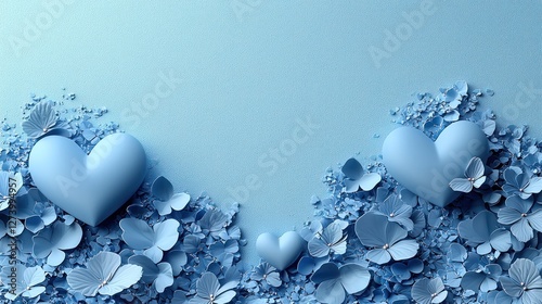 A serene composition of blue hearts surrounded by delicate flowers and butterflies on a soft backdrop