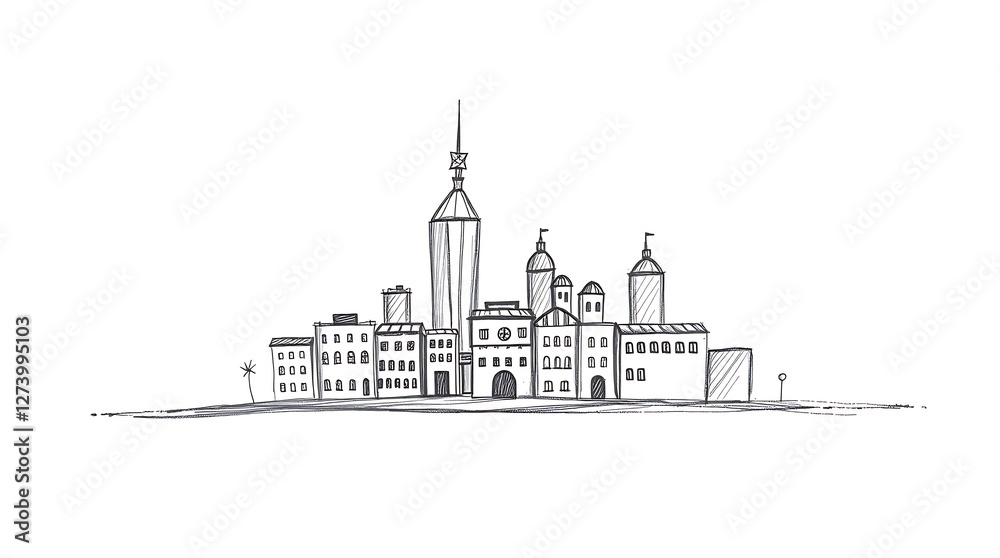 Obraz premium Adorable Hand-Drawn Sketch of a Charming City with Cute Buildings, Streets, and Playful Urban Details