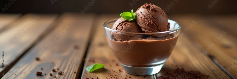 Creamy chocolate ice cream in a glass bowl on a rustic wooden table, delicious, chocolate, dessert Creamy chocolate ice cream in a glass bowl on a rustic wooden table, delicious, chocolate, dessert