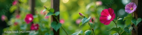 Dainty morning glory vines crawling up a trellis, delicate, garden