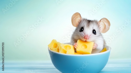 Adorable Mouse Enjoying Cheese Bowl - A cute mouse happily munching on cheese in a blue bowl. Symbolizing happiness, contentment, delight, enjoyment, and wholesomeness