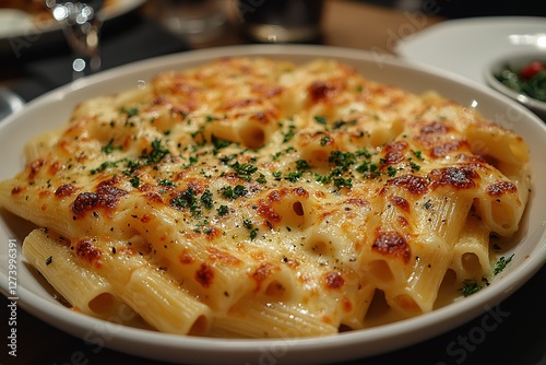Delicious penne pasta baked with a generous layer of melted cheese and herbs served in a white bowl promising a comforting and flavorful dining experience