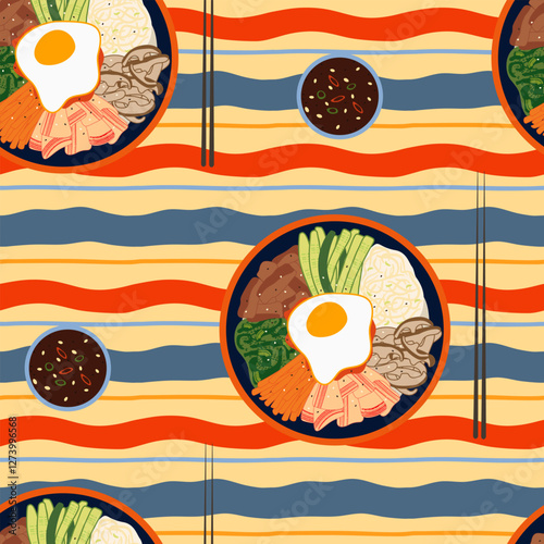 Korean bibimbap vector seamless pattern illustration. Delicious traditional asian rice dish with vegetables, bulgogi meat and egg on top in bowl with chopsticks on colorful wavy striped background