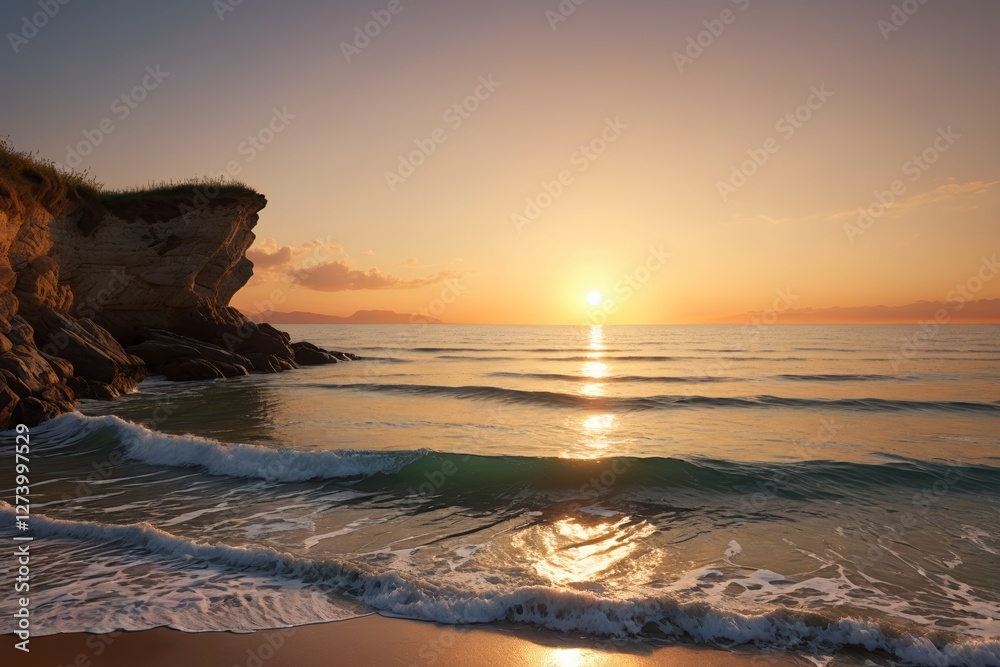 Naklejka premium sunset over the ocean with waves crashing on the shore