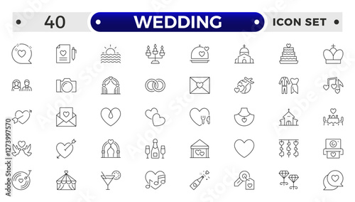 Wedding and marriage Outline icon collection. Newlyweds' holiday, wedding, love. Bride, groom, lovers, wedding rings, wedding car, cake, wedding service  wedding vows, flower, wedding planner.