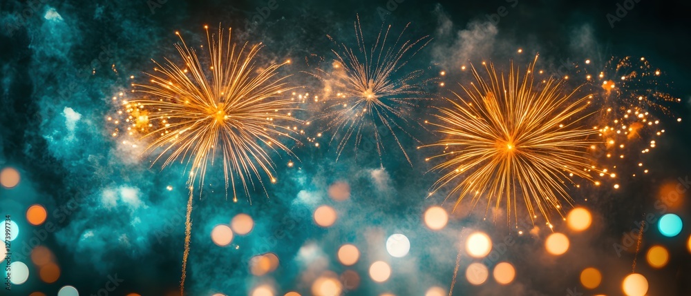 Fototapeta premium Festive golden fireworks illuminate the night sky creating a magical and celebratory atmosphere