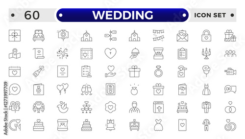 Wedding and marriage Outline icon collection. Newlyweds' holiday, wedding, love. Bride, groom, lovers, wedding rings, wedding car, cake, wedding service  wedding vows, flower, wedding planner.