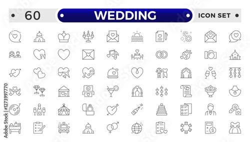 Wedding and marriage Outline icon collection. Newlyweds' holiday, wedding, love. Bride, groom, lovers, wedding rings, wedding car, cake, wedding service  wedding vows, flower, wedding planner.