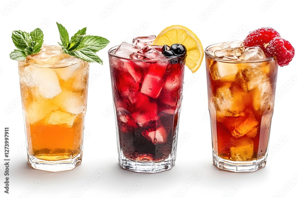 Refreshing ice tea assortment with mint lemon and raspberry for summer enjoyment Refreshing ice tea assortment with mint lemon and raspberry for summer enjoyment