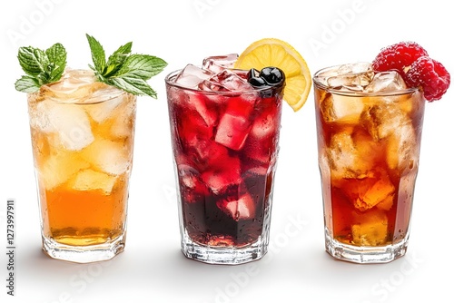 Refreshing ice tea assortment with mint lemon and raspberry for summer enjoyment