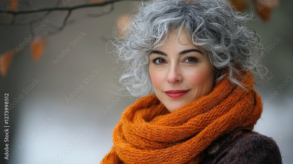 Stylish Woman with Curly Gray Hair and Orange Scarf in Autumn Stylish Woman with Curly Gray Hair and Orange Scarf in Autumn