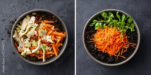 Food waste reduction composting concept. Fresh vegetable bowls with shredded carrots and greens on dark textured background.