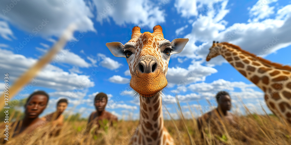 Naklejka premium Giraffe and People in Savanna Landscape