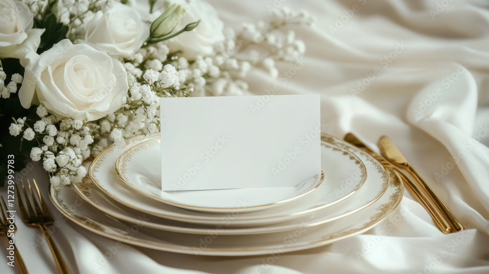 Elegant Wedding Table Setting with Blank Card and Floral Decor Elegant Wedding Table Setting with Blank Card and Floral Decor