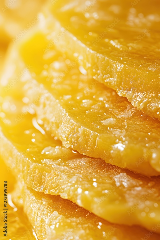Close up of Sweet Candied Mango Slices with a Glossy Texture in a Warm Yellow Light Close up of Sweet Candied Mango Slices with a Glossy Texture in a Warm Yellow Light