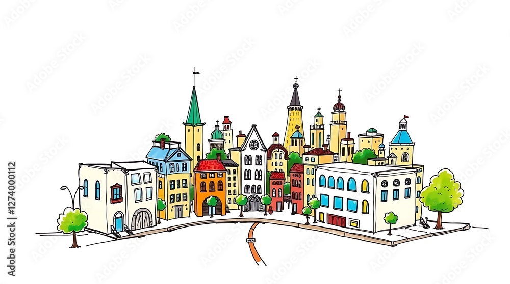 Naklejka premium Adorable Hand-Drawn Sketch of a Charming City with Cute Buildings, Streets, and Playful Urban Details