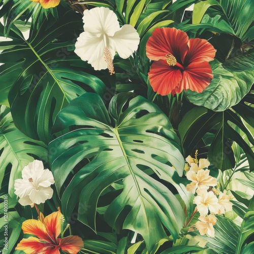 A hand-drawn vintage rainforest wallpaper design featuring giant monstera leaves, hibiscus, and exotic wildflowers, arranged in a harmonious and balanced composition photo