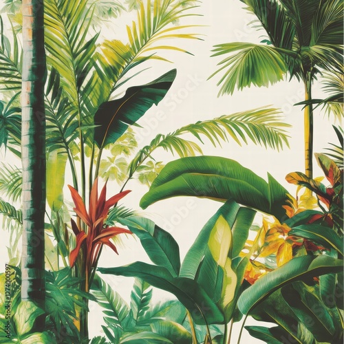 A vintage tropical wallpaper design showcasing a soft white background with delicately illustrated jungle flora, emphasizing the fine lines and natural beauty of the plants