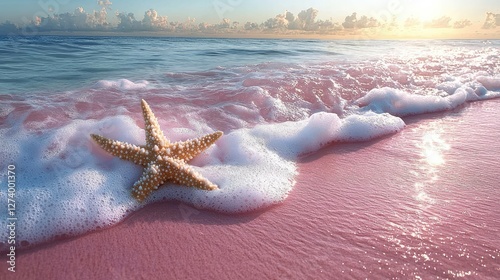 Pink beach sunrise with starfish, ocean waves photo