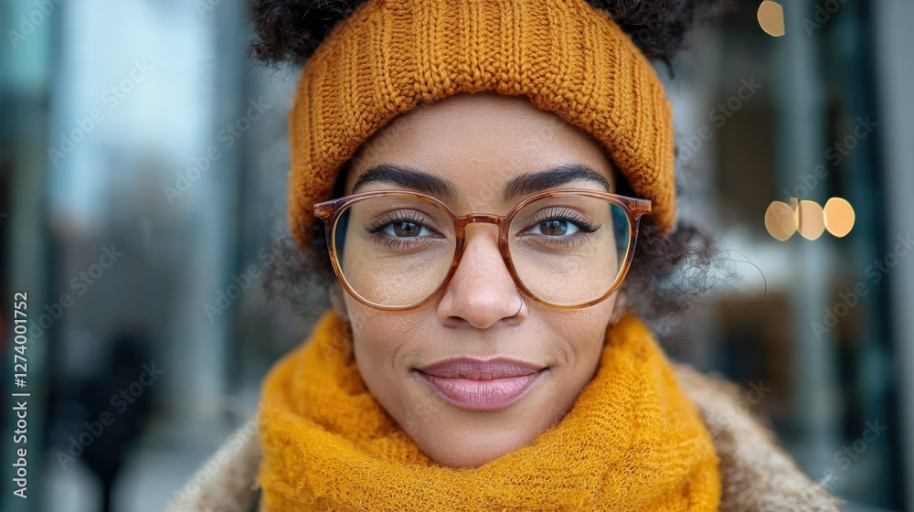 Smiling Young Woman in Cozy Accessories Against Urban Backdrop Smiling Young Woman in Cozy Accessories Against Urban Backdrop