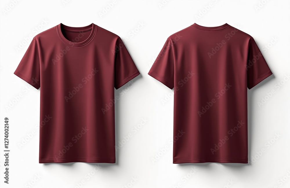 Plain maroon color t-shirt mockup. Front, back views. Clothes template for branding, design. Simple casual attire on white background. Modern minimalist garment. Empty fabric, cotton wear. Trendy Plain maroon color t-shirt mockup. Front, back views. Clothes template for branding, design. Simple casual attire on white background. Modern minimalist garment. Empty fabric, cotton wear. Trendy