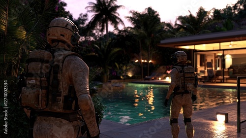 Two soldiers in tactical gear stand by a pool at a luxurious villa during sunset