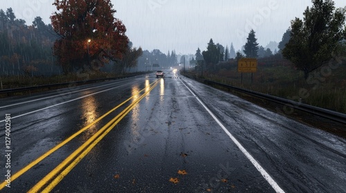 Rainy road scene with autumn trees, vehicles passing, and a misty background