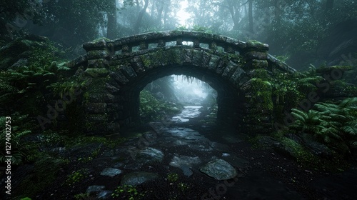 Ancient stone bridge covered in moss in a misty forest with lush greenery and soft light
