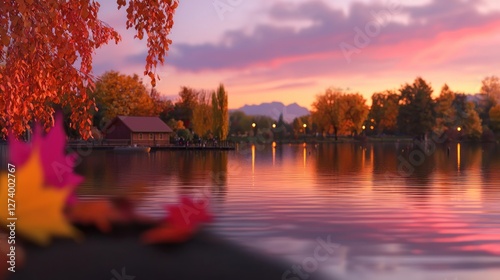 Serene autumn landscape with colorful leaves by a tranquil lake at sunset, reflecting vibrant colors