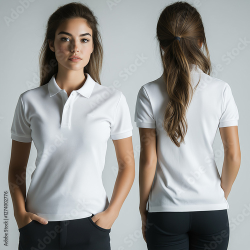White Polo Shirt Mockup – Woman, Studio Shot, Front And Back View
