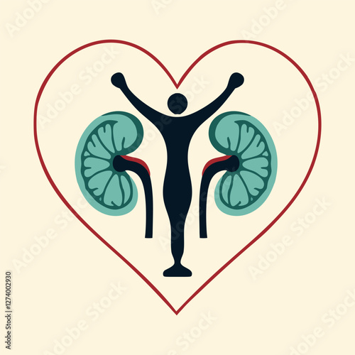 A stylized human figure with raised arms with two artistic depictions of kidneys and a heart shape