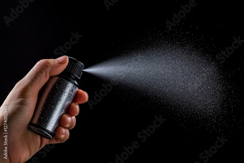 Hand spraying mist against black background (1)