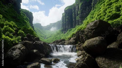 Lush green valley with a waterfall cascading over rocks under a bright blue sky
