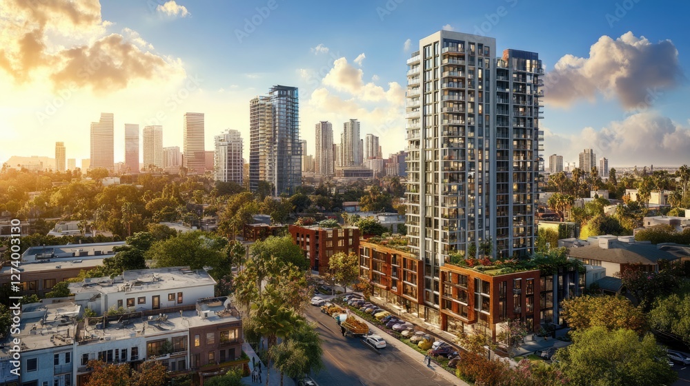 Naklejka premium Sunset Cityscape: Modern Highrise and Lowrise Buildings, Lush Greenery, Warm Golden Hour Light