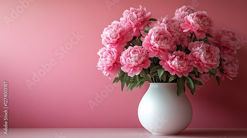 A bouquet of vibrant pink peonies elegantly arranged in a white ceramic vase, set against a soft pink background, creating a harmonious and sophisticated floral composition